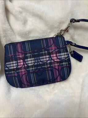 Coach Poppy Tartan Plaid Mini Wristlet Wallet Coin Purse Navy/Fuschia